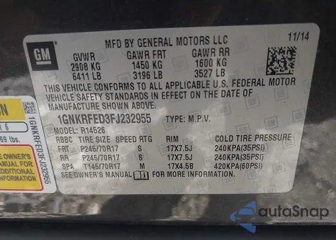 2015 Chevrolet Traverse Ls из США, поврежденный, VIN 1GNKRFED3FJ232955